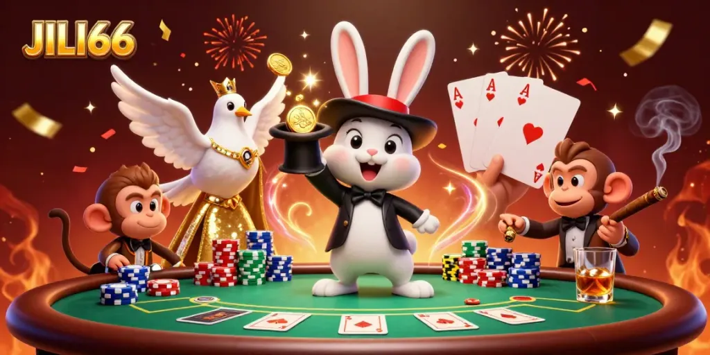Engage at JILI66 with a magician rabbit and friends celebrating poker wins amidst a vibrant casino backdrop.