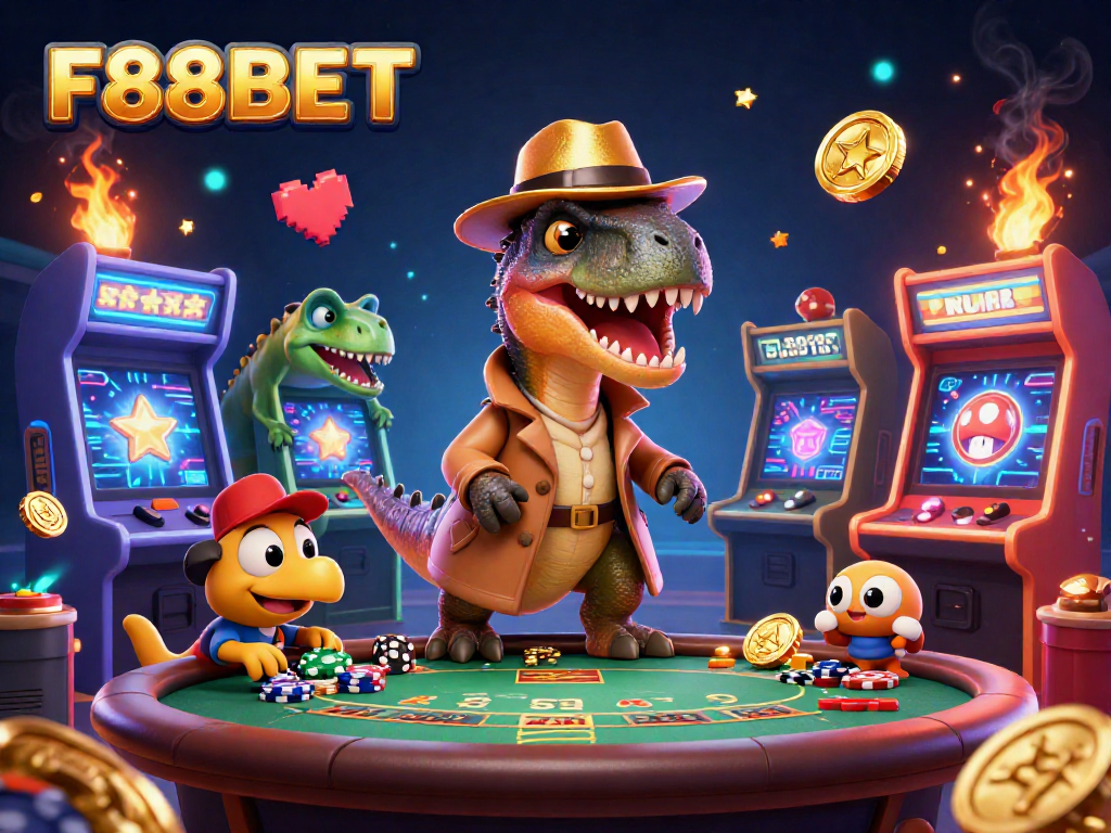 F88BET velociraptor card counter at a blackjack table surrounded by vibrant gaming elements.