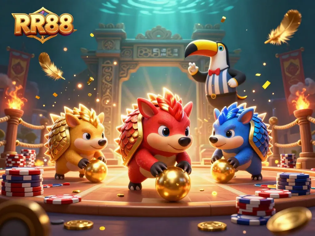 RR88 players roll golden balls through poker chips in this dynamic casino-themed scene.