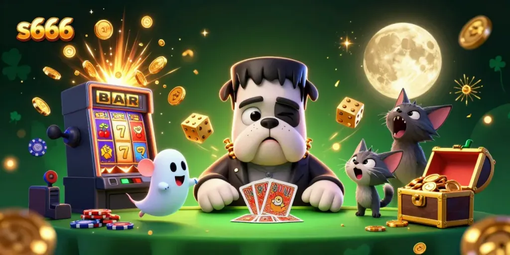 s666 cartoon illustration featuring a bulldog monster dealing cards at a spooky table, surrounded by casino lights.