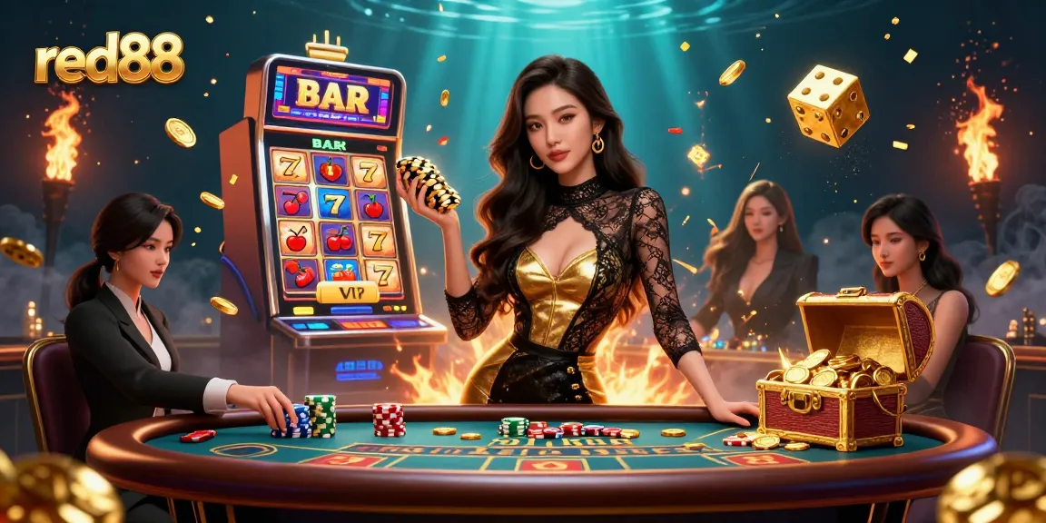 Experience the thrill of red88 with a glamorous woman at a baccarat table, showcasing high-stakes wins.