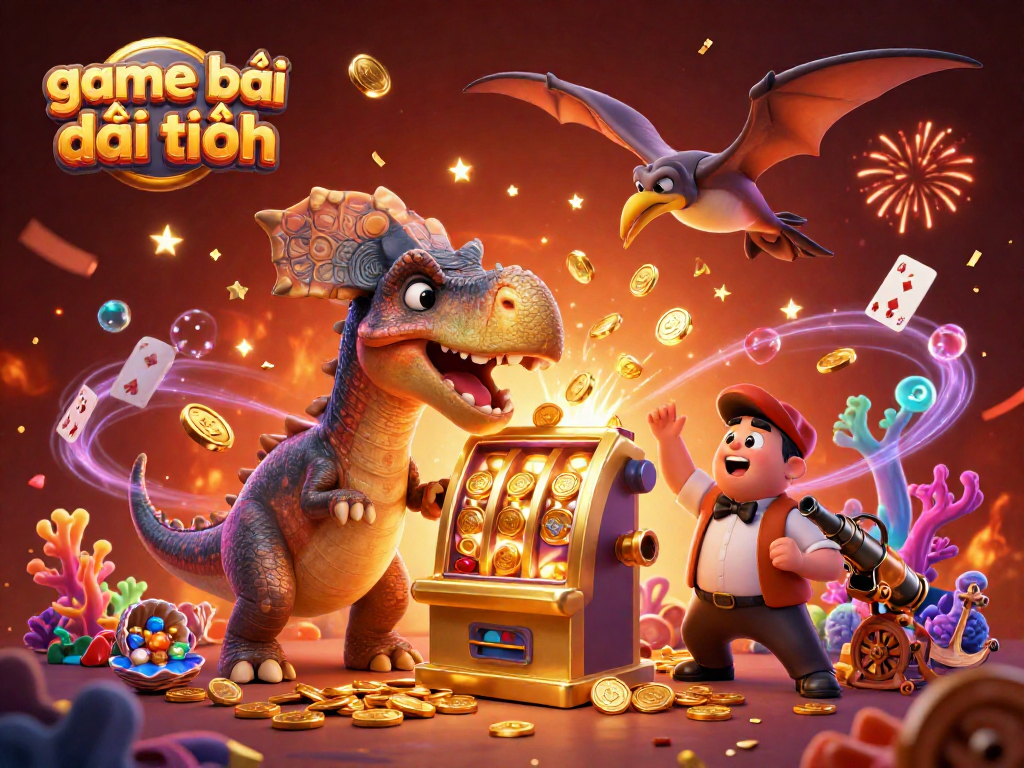 Experience thrilling game bài đổi thưởng action as dinosaurs celebrate jackpots in a vibrant casino scene.