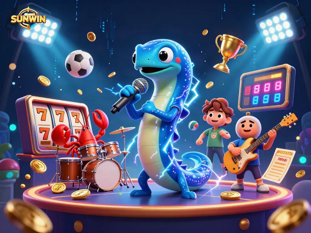 SUNWIN captivates players with a vibrant underwater casino scene featuring an electric eel DJ and dynamic game elements.