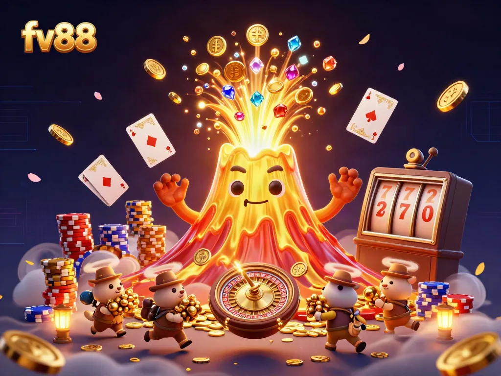 Experience the thrill of fv88 with a triumphant golden volcano erupting treasures in this vibrant casino scene.