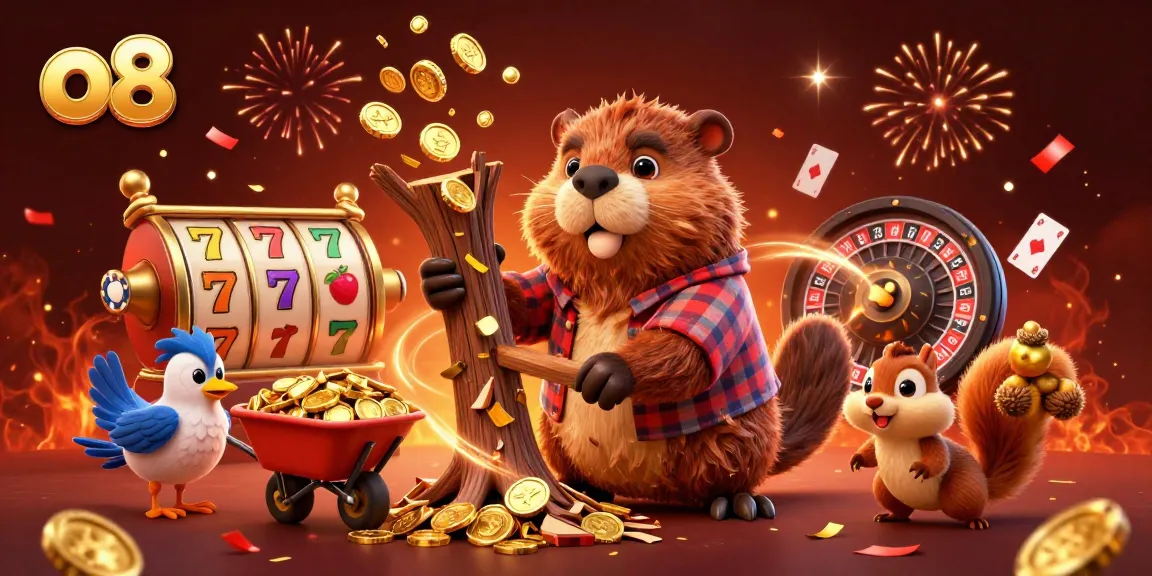 Win big at o8 with a beaver, bird, and squirrel celebrating in a vibrant casino scene.