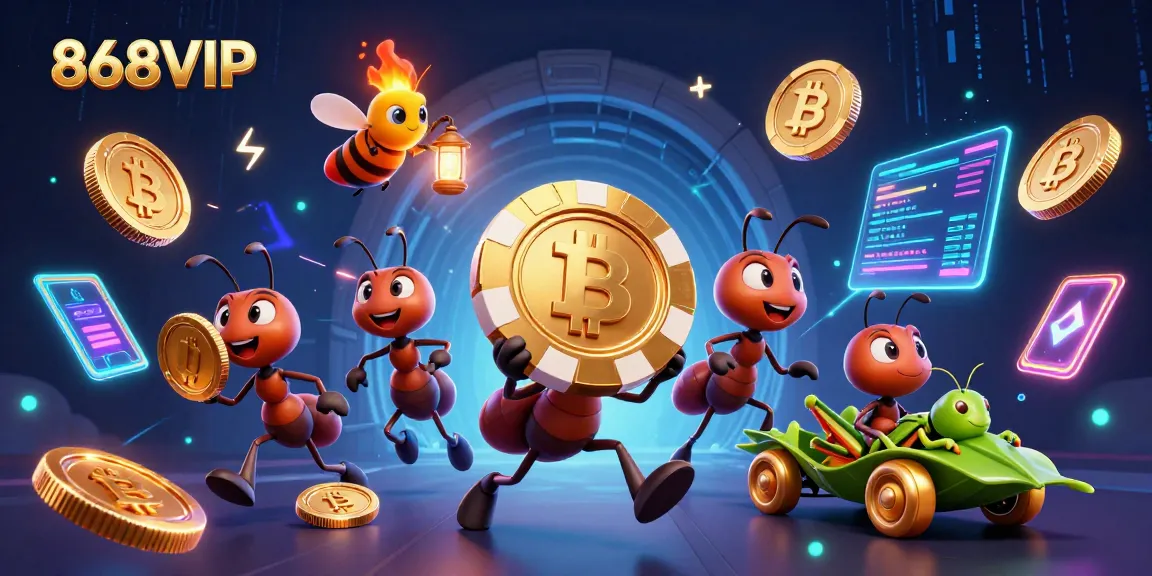 Engage with 868VIP's thrilling poker adventure featuring vibrant ants on a heist.