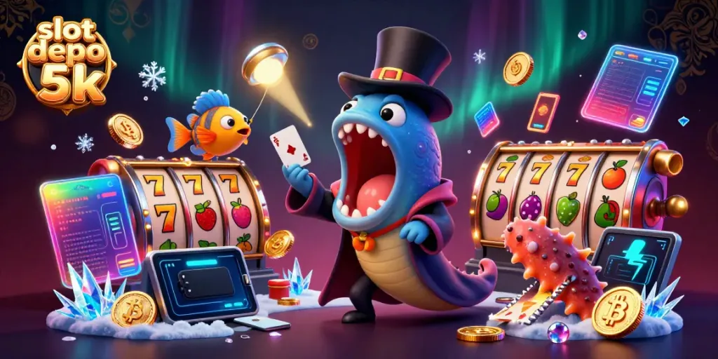 Experience thrilling slot gameplay with the innovative slot depo 5k illustrated by a lively scene of deep-sea characters.