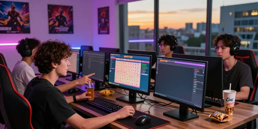 Friends enjoying a game of Bandar Togel, showcasing excitement and camaraderie in a vibrant gaming room.