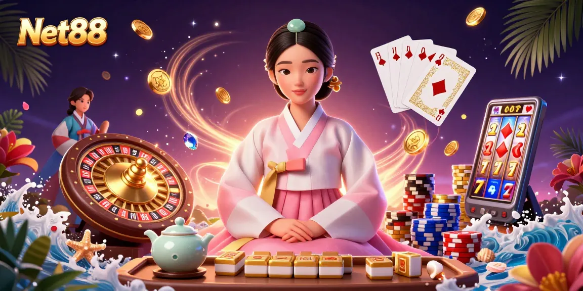 Net88 offers an elegant scene showcasing a serene Asian woman amidst vibrant casino elements and treasures.