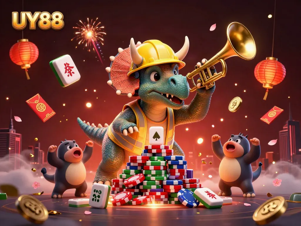 Engage in thrilling online gaming action at UY88, featuring dynamic characters and festive casino elements.