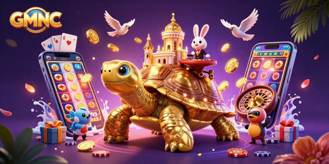 Engage with GMNC thrilling games, where a golden tortoise casino hosts card action and flying coins.
