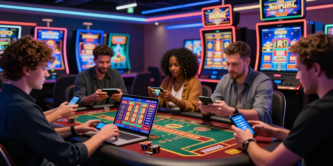 Experience the thrill of a credit card casino with players engaging in dynamic games on various devices in a vibrant virtual environment.