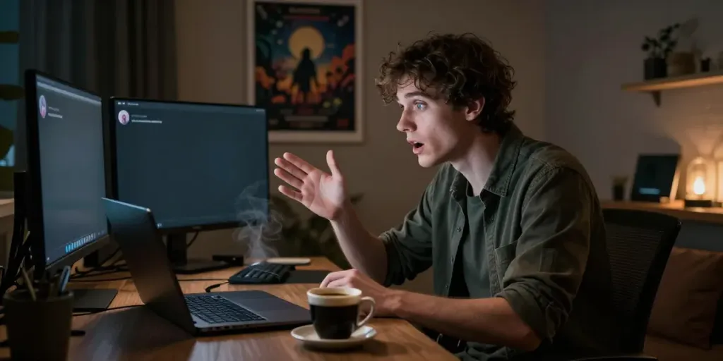 Engaging in an AI chat porn session with a captivating character on a laptop in a cozy room.