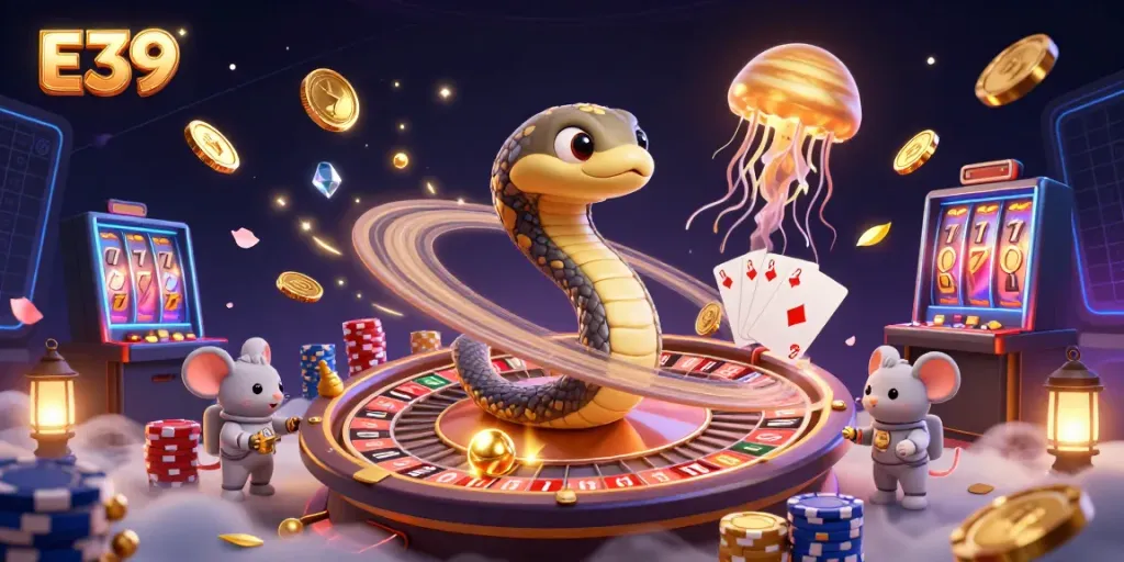 E39 players engaging with a dynamic cosmic gambling scene, featuring a roulette wheel and playful astronaut mice.