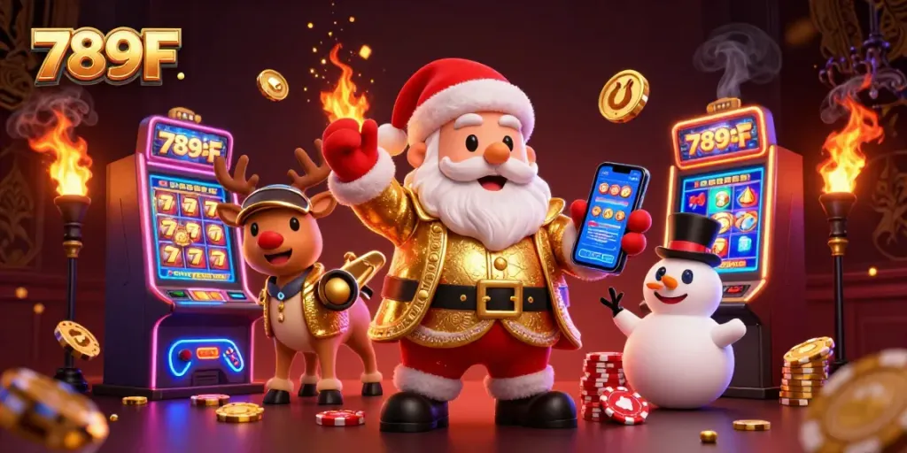 Play thrilling slots at 789F with cartoon Santa and exciting casino elements in a lively atmosphere.