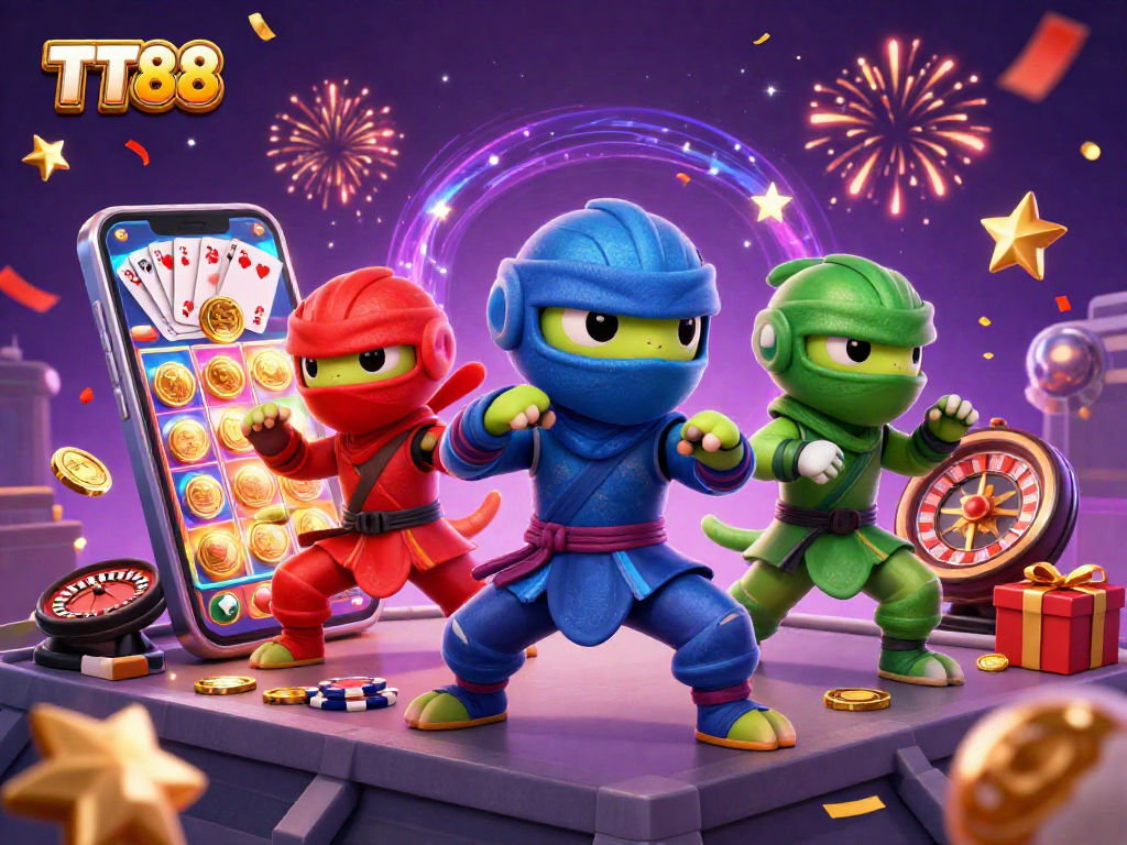 Experience the thrill of TT88 with ninja chameleons celebrating wins in a vibrant casino scene.