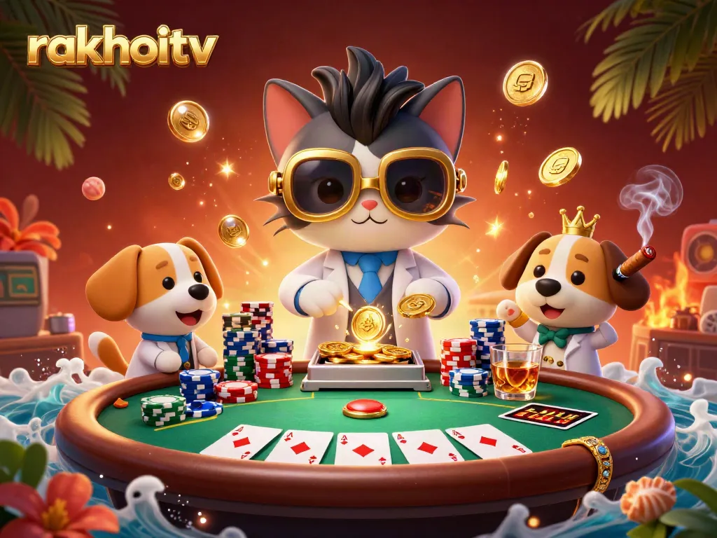 Experience the thrill of rakhoitv with a vibrant 3D scene of a mad scientist cat and assistant in a colorful casino lab.