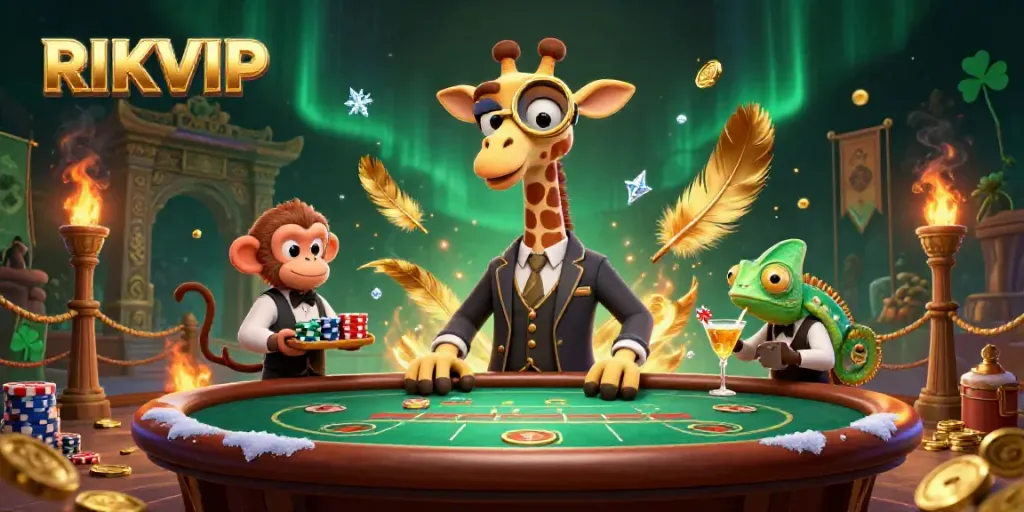 Engage with RIKVIP gaming adventures featuring a high-roller giraffe and vibrant casino elements.