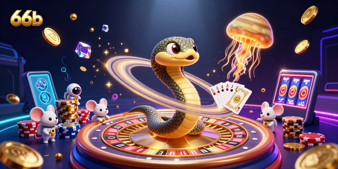 Engage with high-energy 66b gaming scene featuring a cosmic roulette wheel amidst astronaut mice and sparkling treasures.