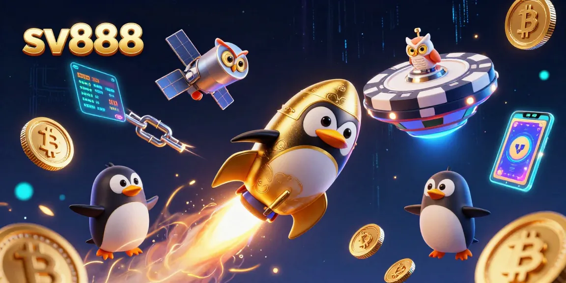 Experience sv888's thrilling crypto casino adventure with a rocket-powered penguin amidst dazzling coins.
