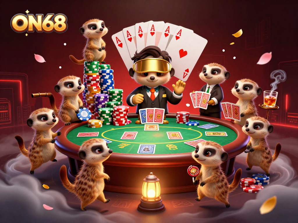 Experience the excitement of ON68 with meerkats running a casino game featuring poker tables and colorful chips.