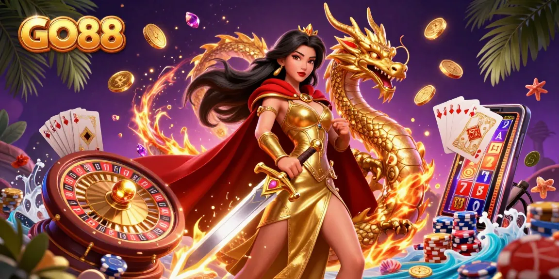 Experience the thrilling action of GO88 with a glamorous warrior queen amidst casino treasures and dynamic game elements.