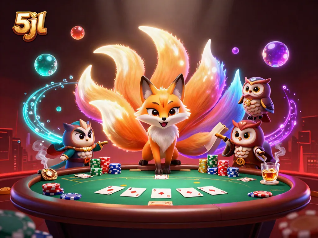 Experience thrilling gaming with 5jl, featuring vibrant spirits and a colorful poker scene.