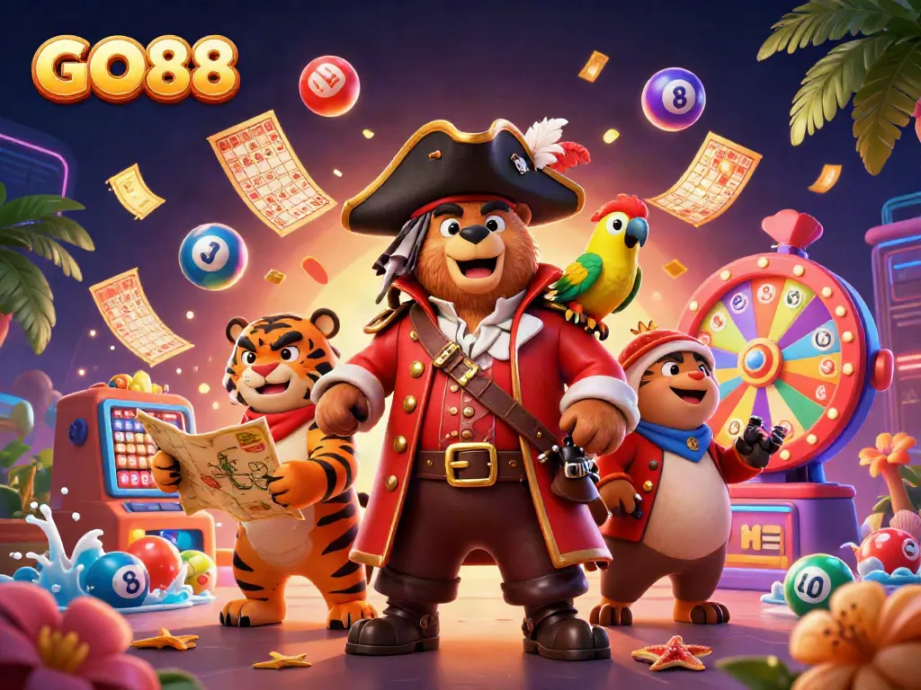 Engage with GO88's vibrant gaming experience featuring a pirate bear, tiger, lottery elements, and more.