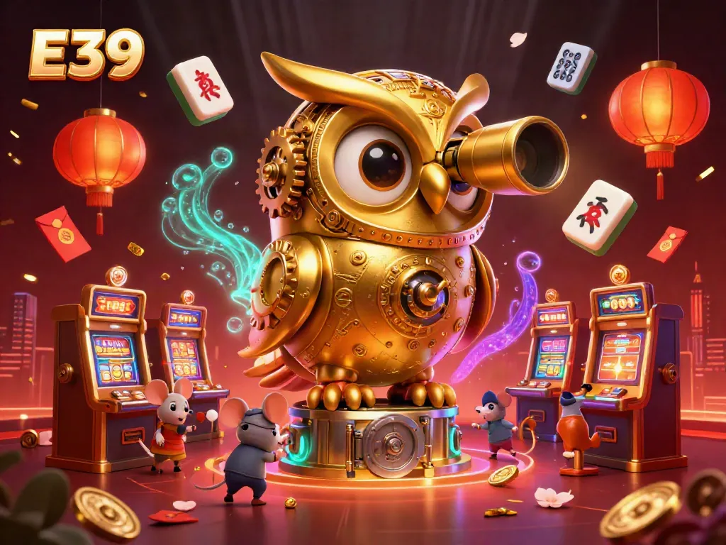 E39 brings the excitement of a vibrant casino scene with a golden owl and whimsical mouse patrons exploring gaming opportunities.