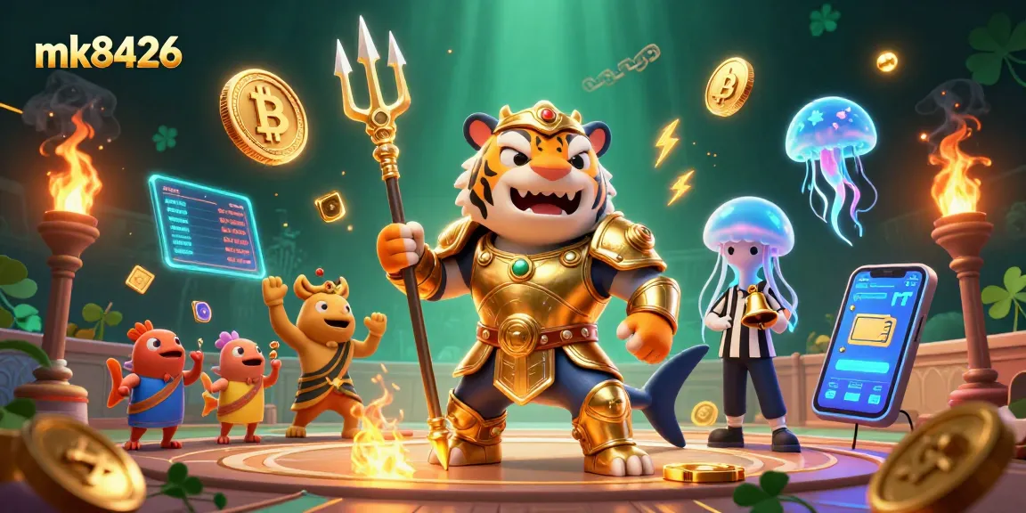 Engage in thrilling play at mk8426 with a vibrant underwater casino battle featuring a golden gladiator shark.