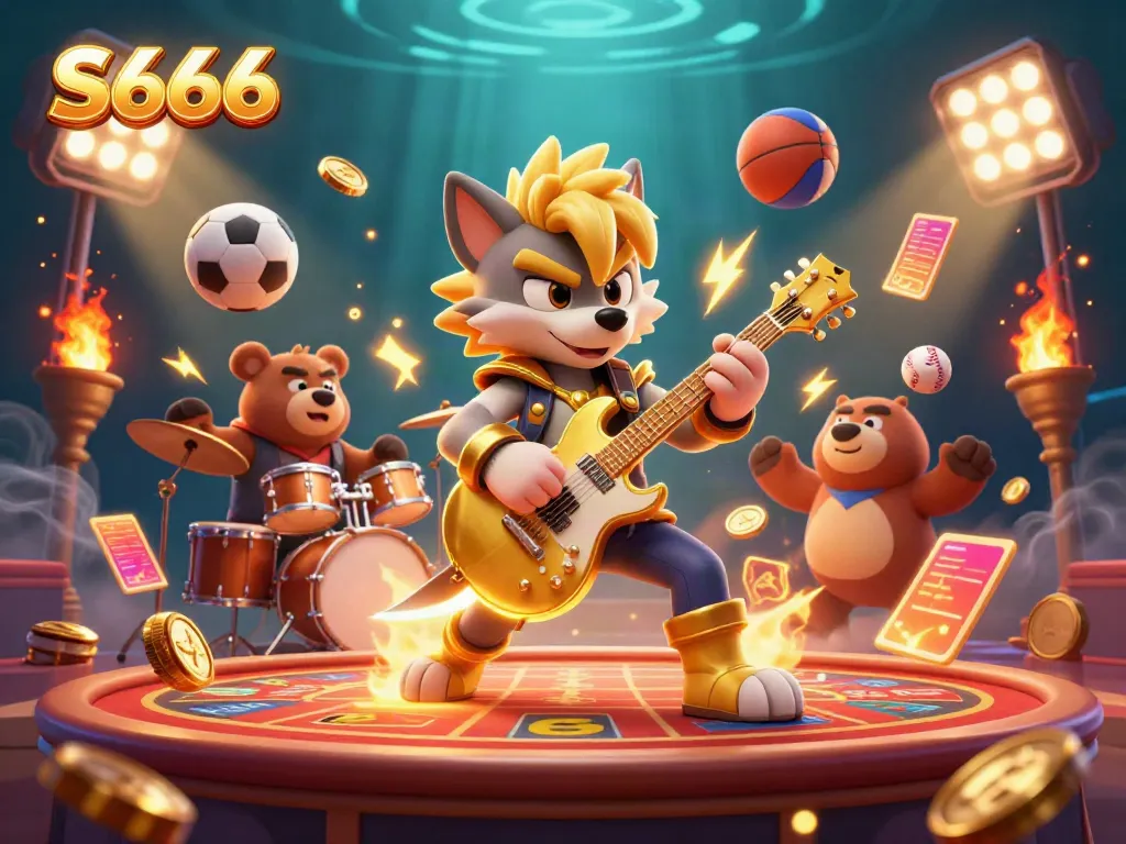 S666 casino action featuring a rock star wolf and a drummer bear amidst vibrant sports elements.
