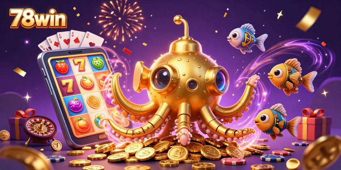 Play thrilling casino games with 78win, featuring a golden kraken submarine and vibrant slots.