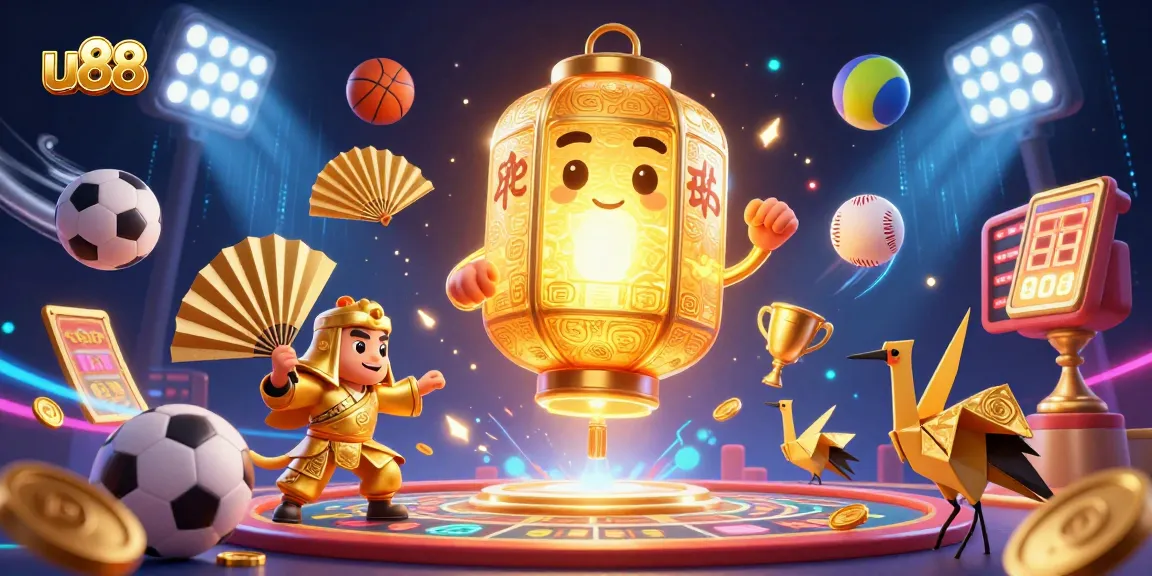 Engage with u88’s dynamic casino experience featuring a glowing lantern spirit and sports betting action.