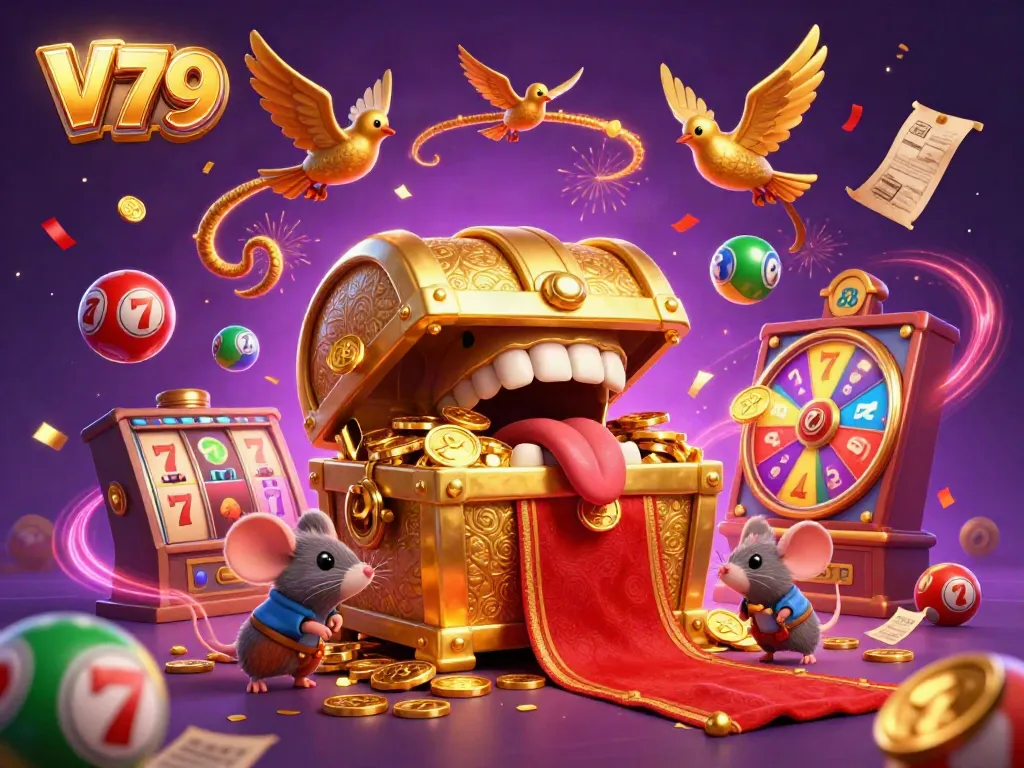 Engage with V79's thrilling casino atmosphere, showcasing slot machines, jackpot counters, and vibrant energy.