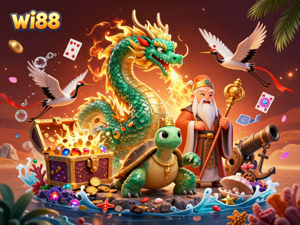 Experience the vibrant world of wi88 with an emerald dragon and lucky cranes amidst treasure explosions.