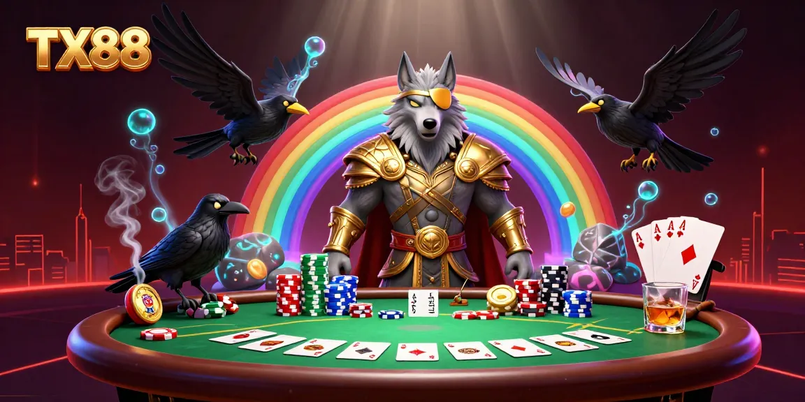 Bet on TX88 with Odin and ravens in a vibrant casino scene featuring poker elements.