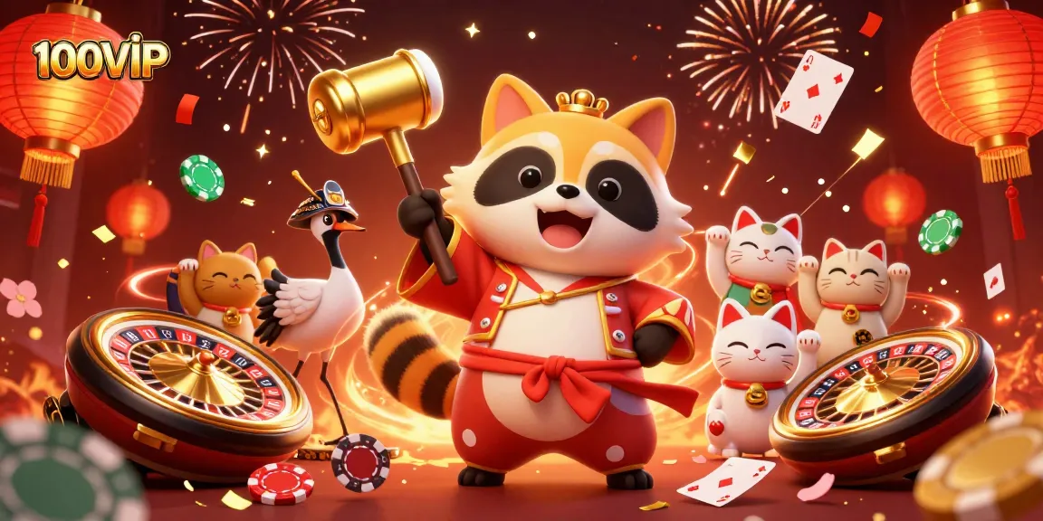 Experience the excitement of 100VIP with cheerful tanuki and lucky symbols in a vibrant casino scene.