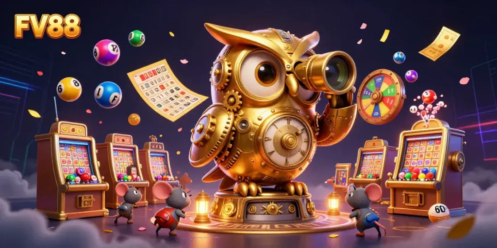 Experience thrilling gaming at FV88 with vibrant lottery elements, a golden owl, and dynamic casino scenes.