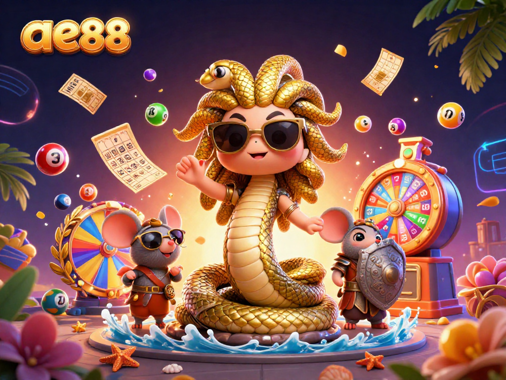 Win big with ae88 at an exciting lottery scene featuring vibrant characters and dynamic gaming elements.
