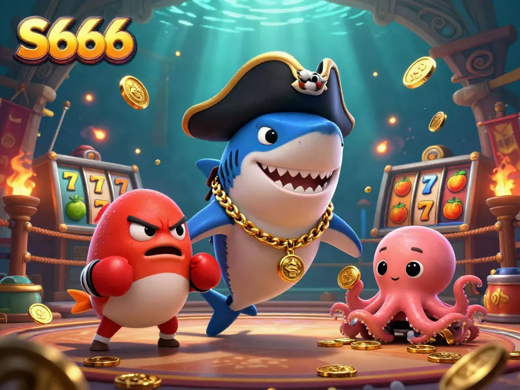 S666 presents a vibrant casino scene with a pirate shark, pufferfish, and octopus celebrating with golden coins.