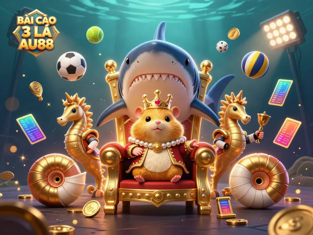 Experience the excitement of BÀI CÀO 3 LÁ AU88 with a vibrant, dynamic 3D scene showcasing casino elements.
