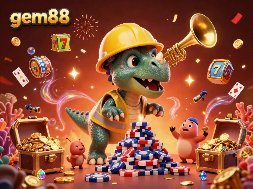 Experience vibrant gaming action with gem88 as triceratops builds poker chip pyramid amidst lively celebrations.