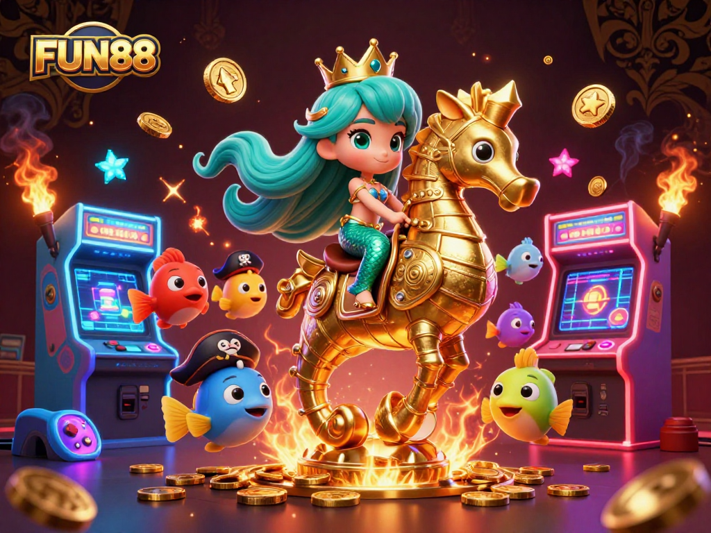 Experience the vibrant world of FUN88 with a 3D mermaid princess riding seahorse amidst colorful gaming elements.