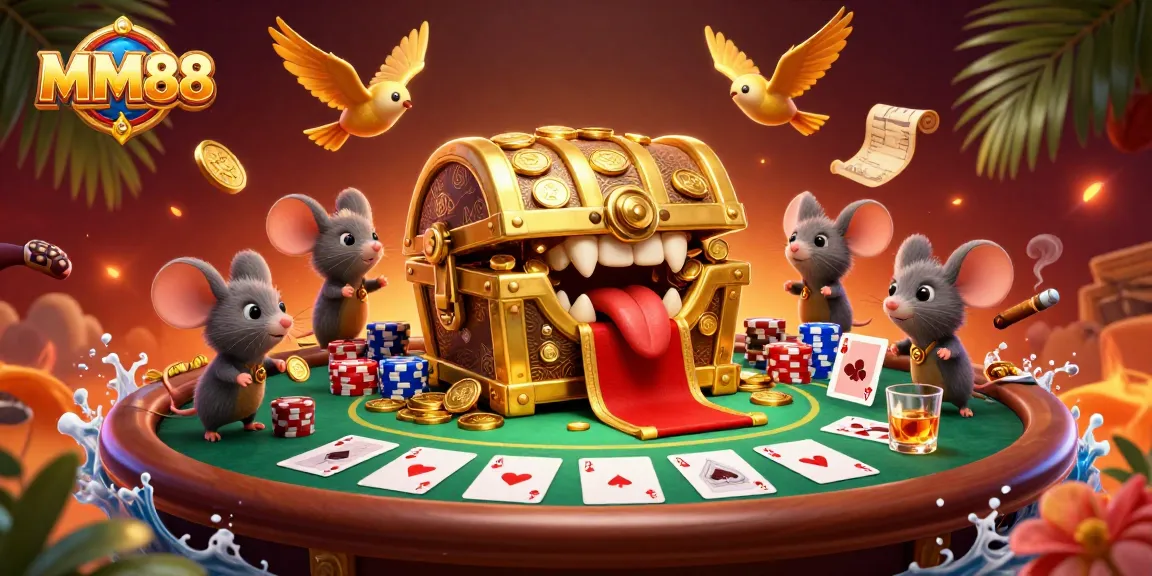Engage with MM88 as adventurer mice are lured by a golden treasure chest in a vibrant casino scene.