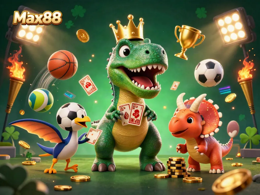 Max88 showcases a lively casino scene with a T-Rex and playful elements illustrating sports betting excitement.