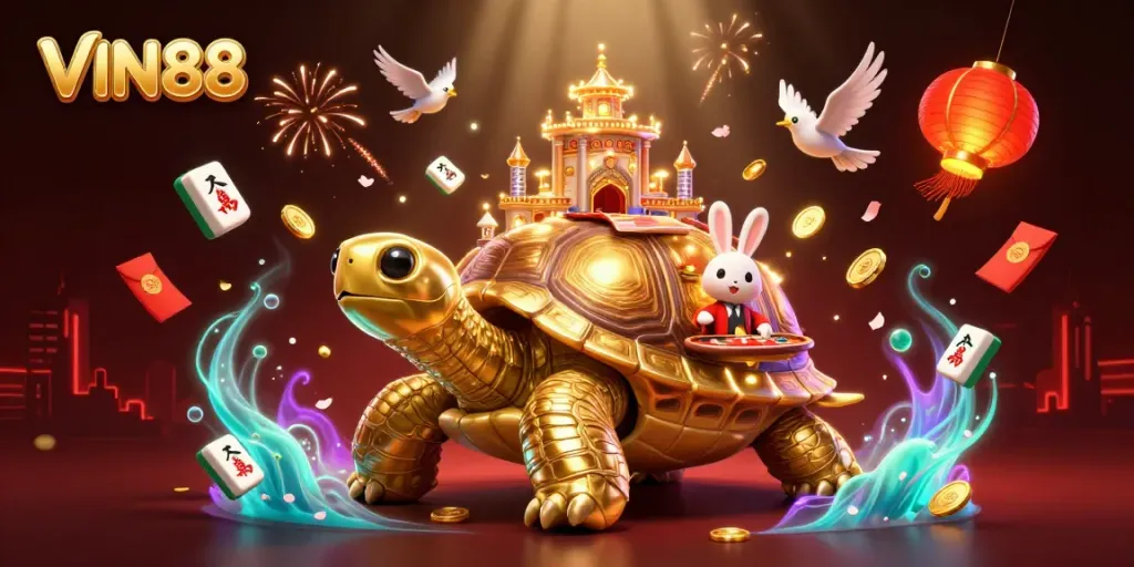 Play casino games at VIN88 with a playful tortoise and rabbit dealer in a dynamic 3D illustration.