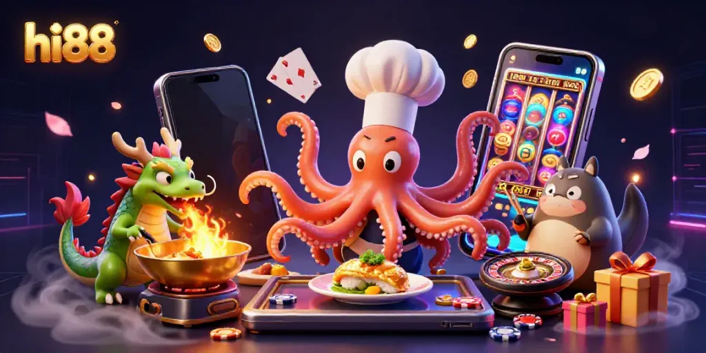 Experience thrilling slots at hi88 with vibrant games and playful characters in a lively casino scene.