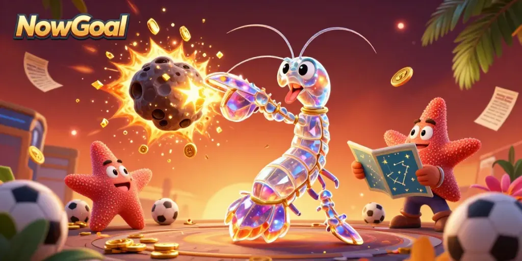 NowGoal showcases an exciting 3D illustration featuring a galactic samurai mantis shrimp in action amidst a lively sports betting environment.