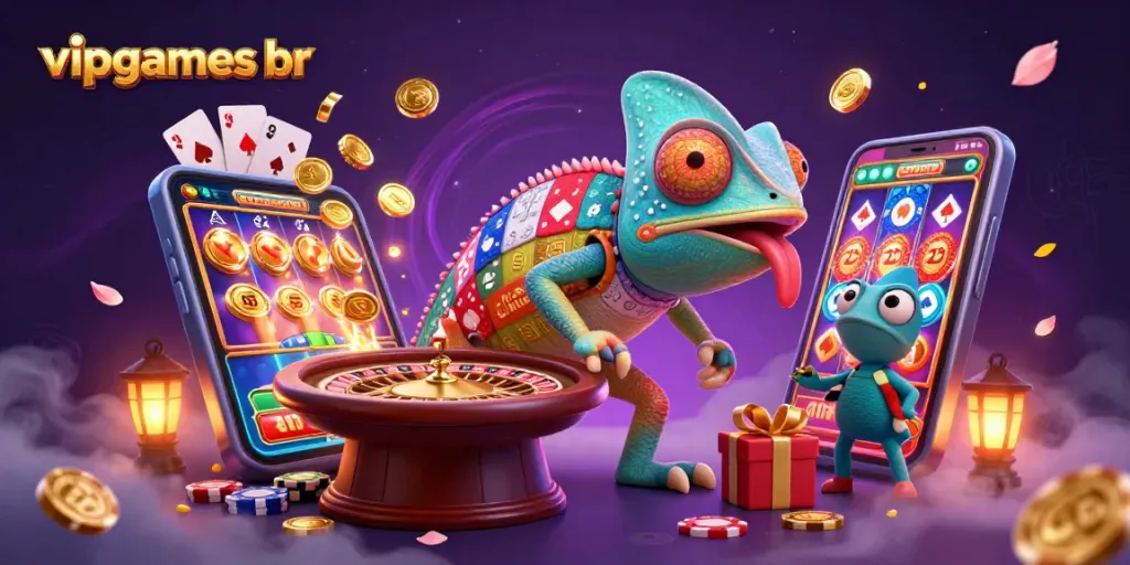 Join the excitement at vipgames br with a vibrant chameleon casino owner surrounded by dynamic gaming elements.