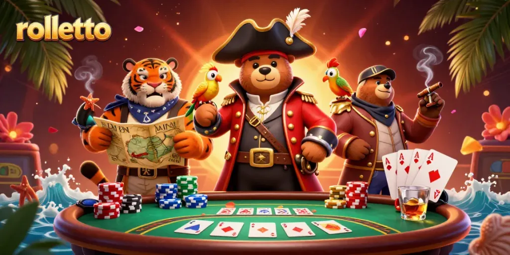 Experience rolletto with a vibrant scene of a pirate bear at a poker table, surrounded by action.